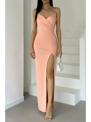 Passense Kadın Dalgıç Kumaş V Yaka Yırtmaç Detaylı Maxi Boy Elbise