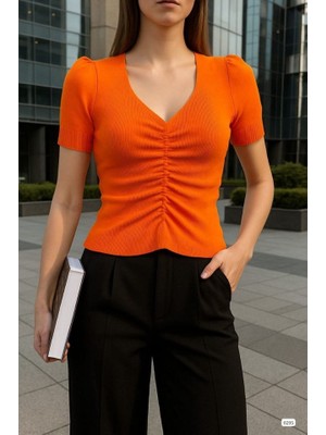 Passense Kadın V Yaka Önü Büzgü Detaylı Triko Bluz