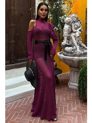 Sosostyle Saten Kuşaklı Ajurlu Triko Elbise 2847