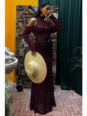 Tua Moda Saten Kuşaklı Ajurlu Triko Elbise 2847