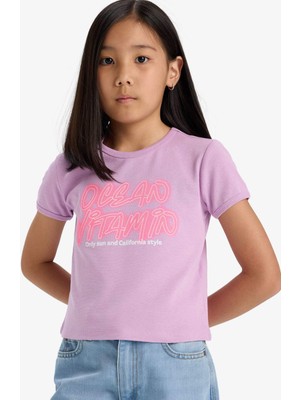 DeFacto Fitted Bisiklet Yaka Baskılı Ribana Kısa Kollu Tişört Kız Çocuk E1826A825SM