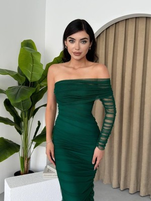 Nidam Butik Polack Tek Omuz Tül Elbise