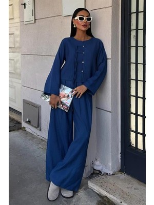 La Mode Istanbul Önü Ince Kordon Detaylı ve Double Paça Pantolonlu Takım 10180