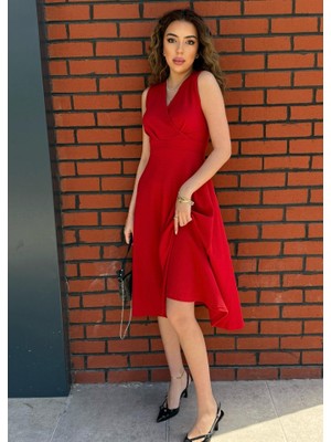 Tua Moda Kadın Ithal Krep Kumaş Kruvaze Yaka Eteği Kloş Kolsuz Mini Elbise