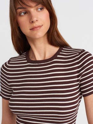 10758 Bisiklet Yaka Çizgili Basic Triko Bluz-Kahve-Ekru