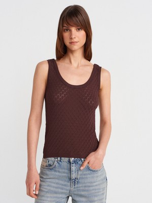 10749 Kalın Askılı Ajurlu Triko Bluz-Kahve