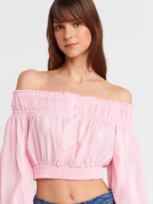 50258 Omuzları Açık Düğmeli Top-Açık Pembe