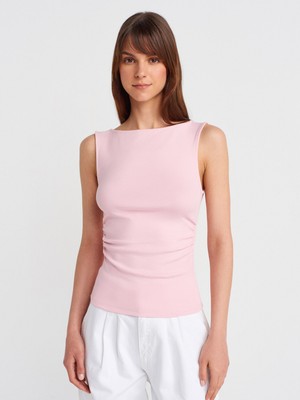 31589 Büzgülü Kayık Yaka Top-Toz Pembe