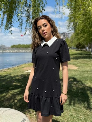 Ag Shoppings Kadın Kısa Kollu Yakalı Inci Detaylı Kısa Ithal Krep Elbise