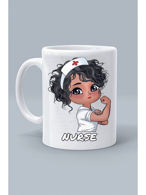 Beyaz Önlük Nurse Hemşire Karikatür Tasarım Baskılı Beyaz Klasik Kupa Bardak