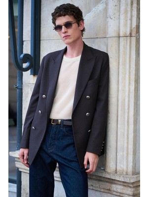 Antioch Kahve Astarsız Kruvaze Erkek Blazer Ceket