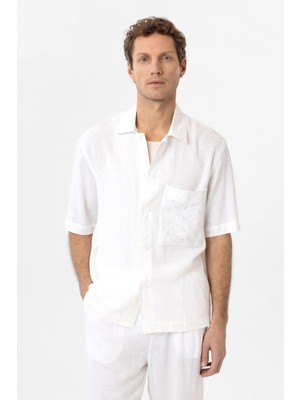 Antioch Beyaz Keten Karışımlı Kısa Kollu Erkek Gömlek