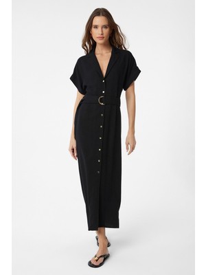 Antioch Siyah Keten Karışımlı Kemerli Kadın Elbise