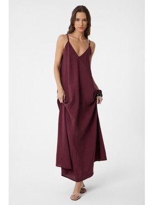 Antioch Bordo Askılı Modal Uzun Kadın Elbise