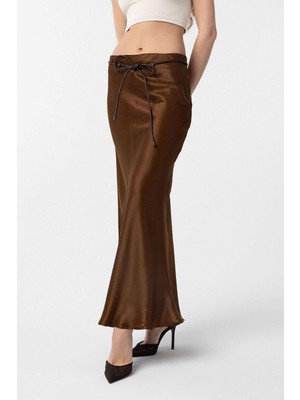 Antioch Kahve Kemerli Saten Uzun Kadın Etek