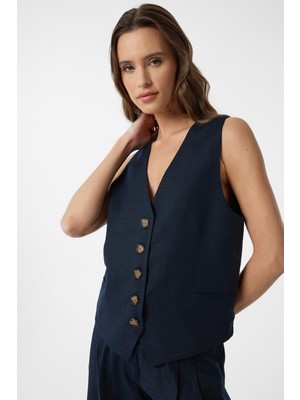 Antioch Lacivert Keten Karışımlı Kadın Terzi Yeleği