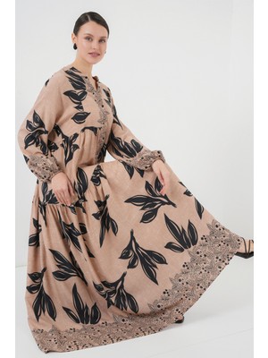 2423 Otantik Desenli Tesettür Elbise - D.vizon