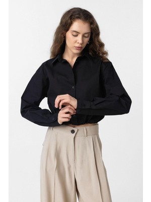 Antioch Siyah Crop Poplin Kadın Gömlek
