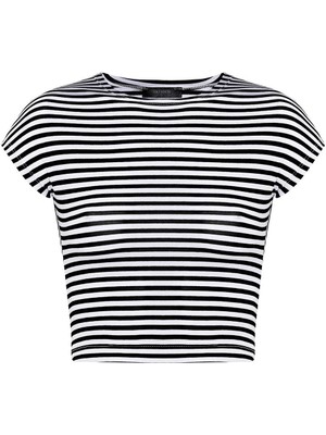 Antioch Siyah Crop Fit Çizgili Kadın T-Shirt