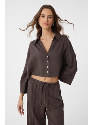 Antioch Kahve Crop Kadın Gömlek