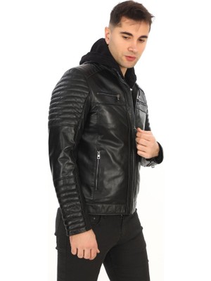 Kapşonlu Spor Deri Mont Kolu Fermuarlı
