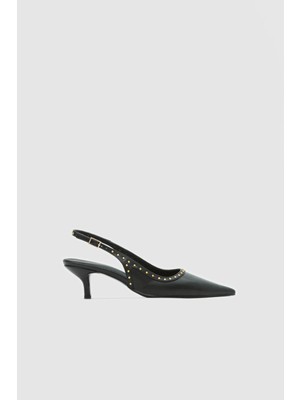 Seniorah Ankle Siyah Cilt Zımbalı Sivri Burun Kadın Topuklu Ayakkabı