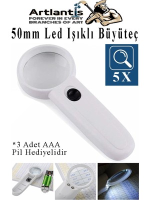 Artlantis LED Işıklı Büyüteç 50 mm 1 Adet 5x Büyütme Optik Büyüteç El Tipi Işıklı Lens Taşınabilir Okul Büro Ofis