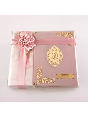 Seccade + Tesbih + Kuran Hediye Seti (Çanta Boy, Kadife, Pudra Pembe, Lafzatullah)