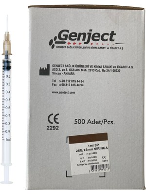 Genject - 1 ml 3p 26G 0.45X13 mm Iğneli Insülin Enjektörü - 500 Adet