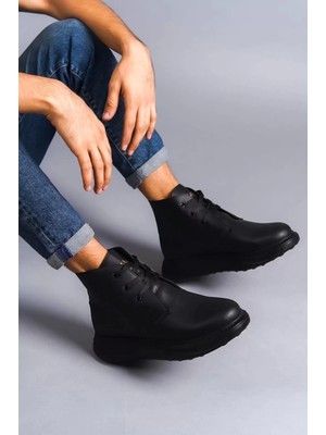 SLW204 Franca Bağcıklı Cilt Erkek Spor Bot St - Siyah