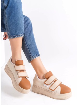 Valencıa Bağcıksız Cırt Cırtlı Ortopedik Taban Kadın Sneaker Spor Ayakkabı Tt - Ten/kahve