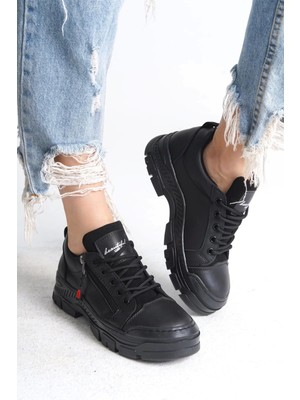 Agatha Bağcıklı Fermuarlı Ortopedik Taban Kadın Sneaker Spor Ayakkabı St - Siyah