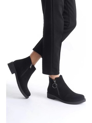 Margaret Fermuarlı Ortopedik Taban Topuklu Süet Kadın Bot St - Siyah