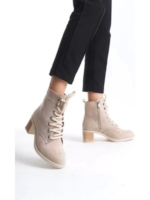 Lena Bağcıklı Fermuarlı Ortopedik Taban Topuklu Süet Kadın Bot  Tt - Ten