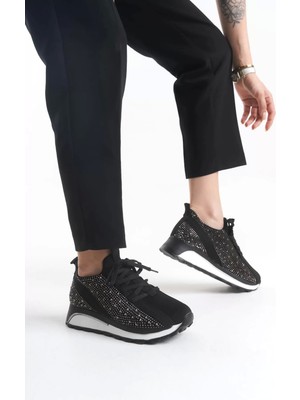 Alya Bağcıklı Ortopedik Taban Taşlı Kadın Sneaker Spor Ayakkabı Bt - Siyah