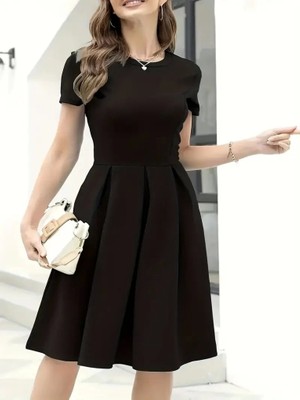 Defy Moda Kadın Kısa Kollu Bisiklet Yaka Önden Pile Detaylı Janjan Krep Elbise