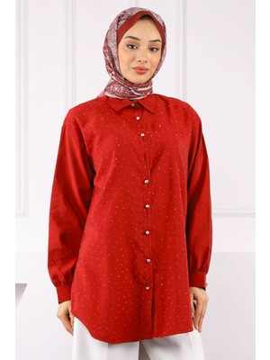 Bordo Taşlı Düğmeli Modal Gömlek