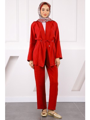 İmaj Butik Bordo Beli İpli Ceket Pantolonlu Takım