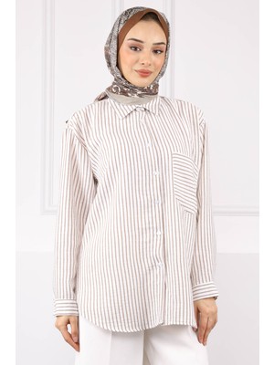 İmaj Butik Kahverengi Tek Cepli Çizgili Gömlek