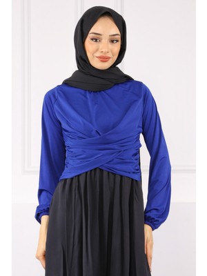 İmaj Butik Saks Mavi Çapraz Drape Detaylı Sandy Bluz