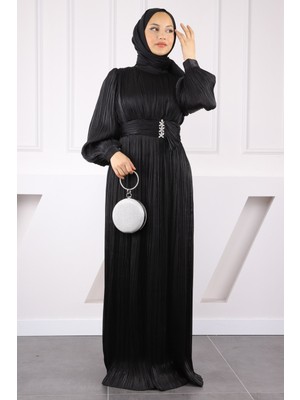 İmaj Butik Siyah Piliseli Taşlı Şifon Abiye