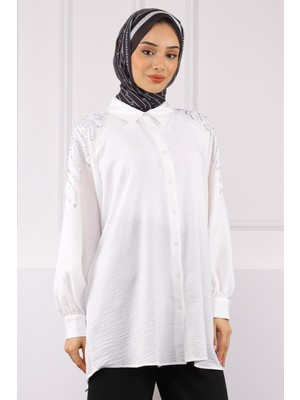İmaj Butik Ekru Pul Nakışlı Düğmeli Gömlek