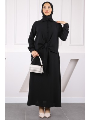 İmaj Butik Siyah Ön Bağlamalı Gömlek Etekli Takım