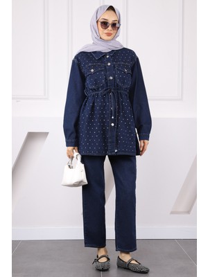 İmaj Butik Lacivert Taşlı Ceket Pantolonlu Takım Yumuşak Dokuma Kumaş ile Şık Tasarım