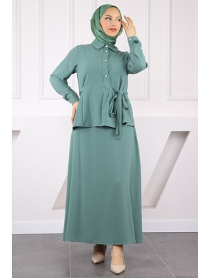 İmaj Butik Yeşil Yan Bağlamalı Gömlek Etekli Takım