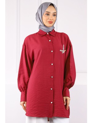 İmaj Butik Bordo Ön Taş Detaylı Gömlek