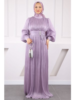 İmaj Butik Lila Piliseli Taşlı Şifon Abiye