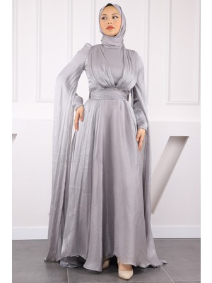 İmaj Butik Gri Omuz Detaylı Drapeli Abiye