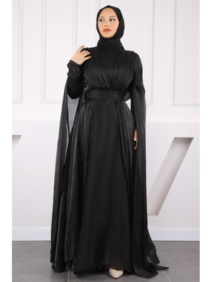 İmaj Butik Siyah Omuz Detaylı Drapeli Abiye
