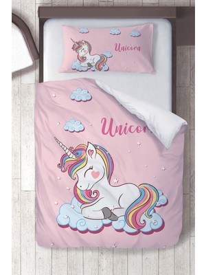 instababyrooms Pamuklu Mikro Saten Pembe Unicorn Çocuk Odası Çocuk Çarşafsız Nevresim Takımı